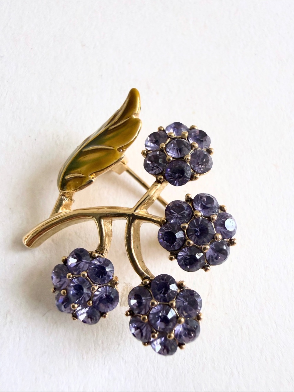 Monet Floral Brooch Violet Crystal Cluster rhinestones gold tone